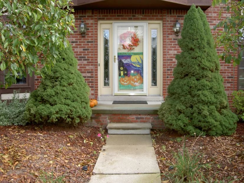 Front entrance of a home decorated for Halloween