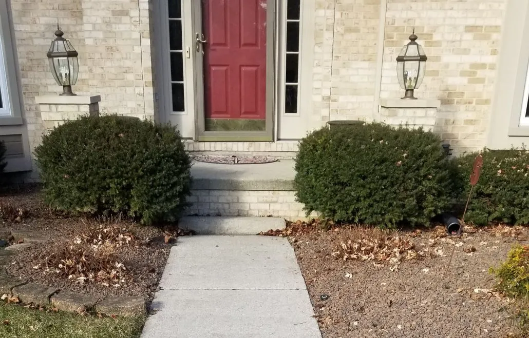 Front entrance of a house with red door and shrubs