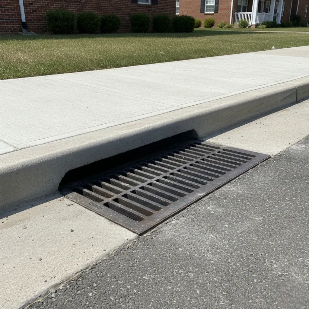Metal storm drain on a sidewalk next to grass.