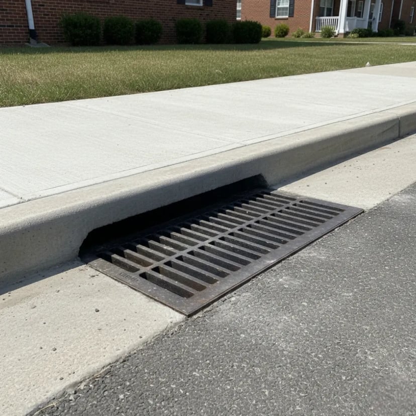 Metal storm drain on a sidewalk next to grass.