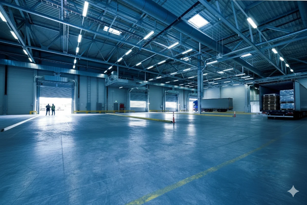 Empty warehouse with loading dock and two workers