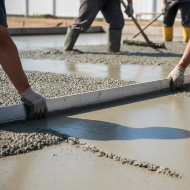 Construction workers leveling fresh concrete on a site