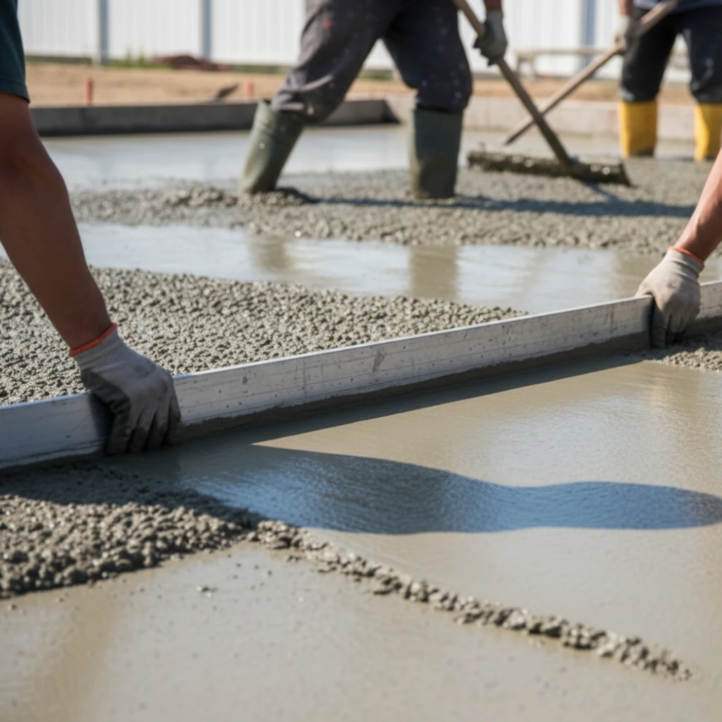 Construction workers leveling fresh concrete on a site